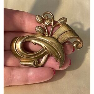 Art Deco Sterling w/ Gold Wash Floral Ribbon Design Pin